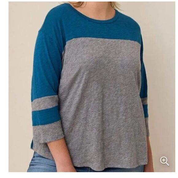 Torrid Blue & Grey Cotton Jersey Lace Back Colorblock Varsity Stripe Tee - Picture 1 of 9